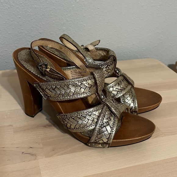 Frye Shoes - Frye Metallic Gold Braided Leather High Heel Sandals